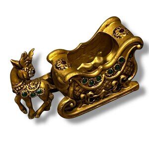 Lefton Gold Sleigh & Reindeer Red Green Jewels Christmas Ceramic w/Sticker Japan